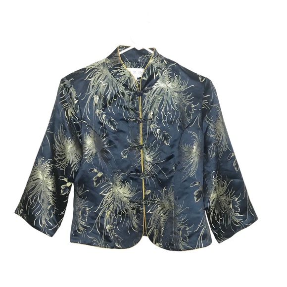 Vintage Oriental Satin Embroidered Jacket – Navy Gold Floral - Picture 1 of 7